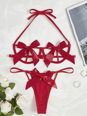 Red Ribbon Bow Accent lingerie Set - Women